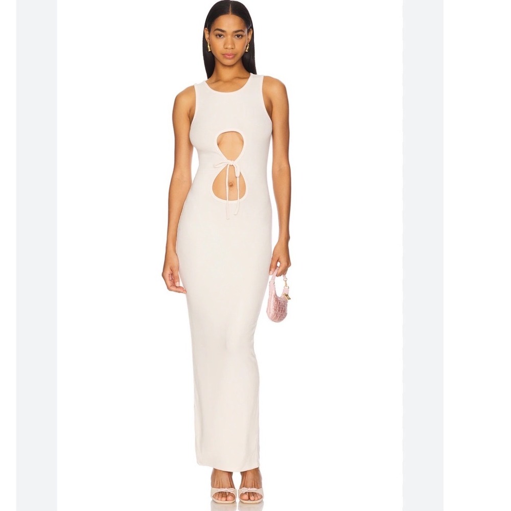 BY.DYLN Calyssa Maxi Dress Bone Ribbed Cutout Tie Front‎ DL3336 Small Revolve